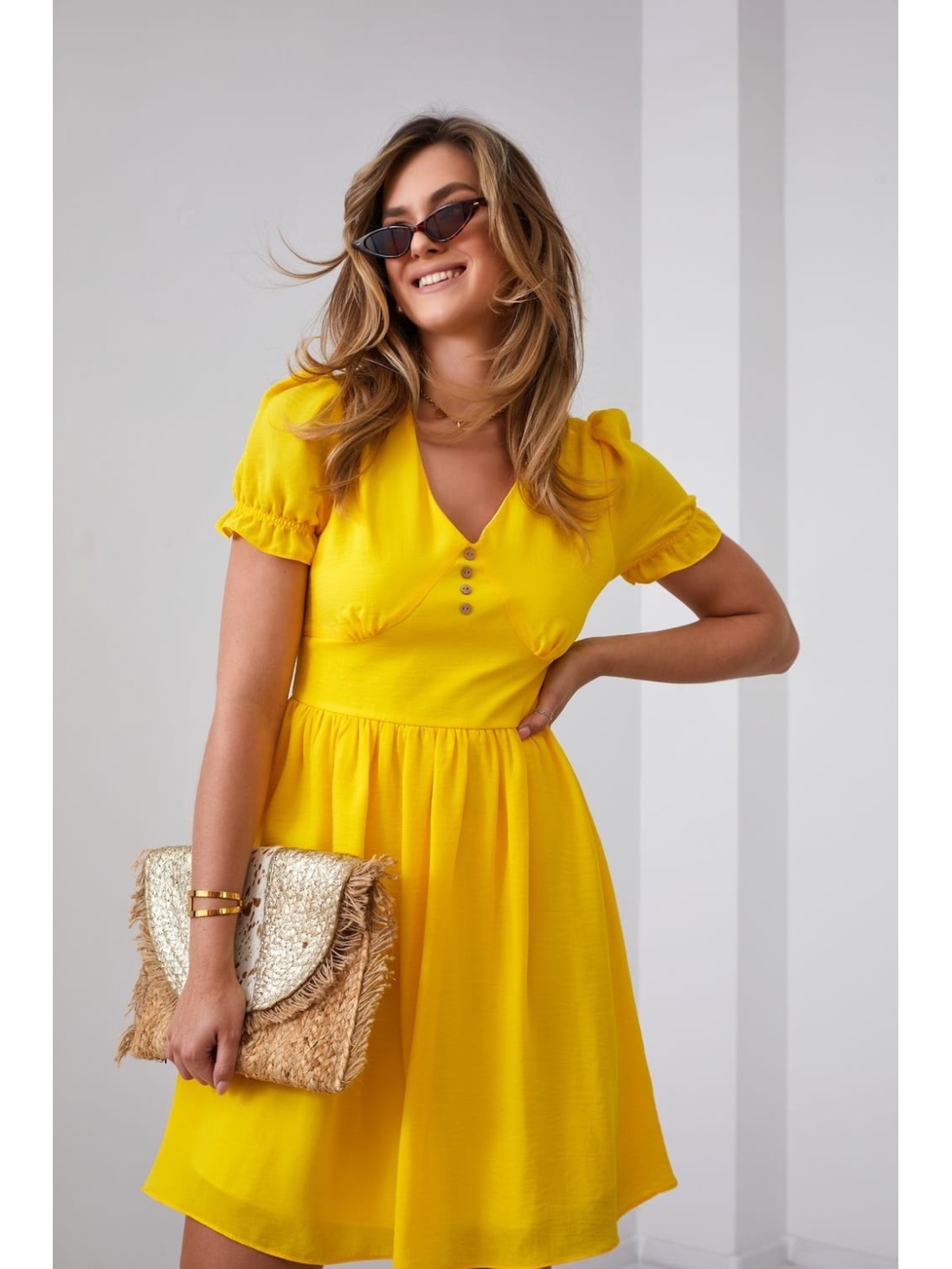 Smooth dress with short sleeves, yellow 3046 - Online store - Boutique